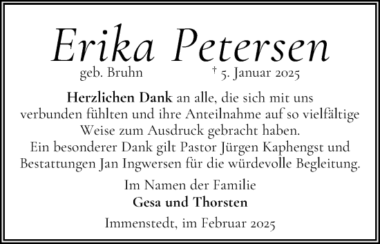 Traueranzeige von Erika Petersen von Husumer Nachrichten, Nordfriesland Tageblatt