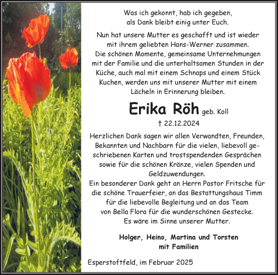 Traueranzeige von Erika Röh von Region Flensburg