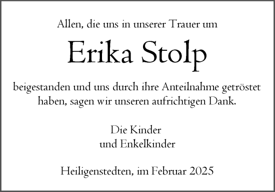 Traueranzeige von Erika Stolp von Norddeutsche Rundschau, Wilstersche Zeitung, Glückstädter Fortuna