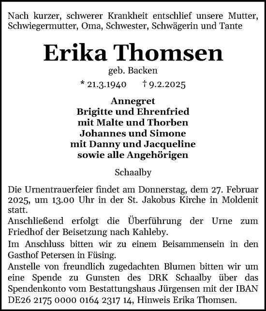 Traueranzeige von Erika Thomsen von Schleswiger Nachrichten, Schlei-Bote