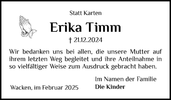 Traueranzeige von Erika Timm von Norddeutsche Rundschau, Wilstersche Zeitung, Glückstädter Fortuna