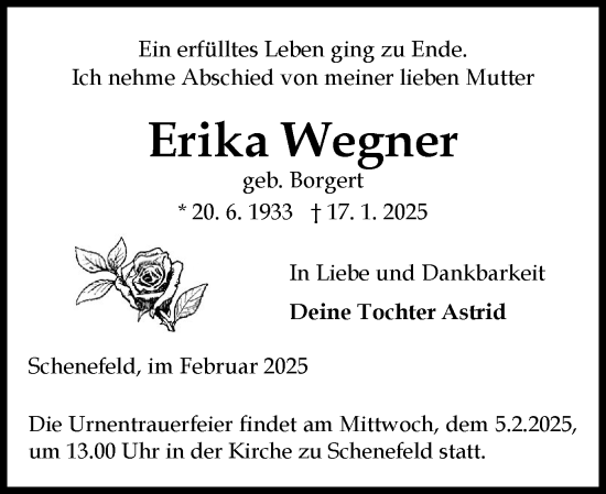 Traueranzeige von Erika Wegner von Norddeutsche Rundschau, Wilstersche Zeitung, Glückstädter Fortuna