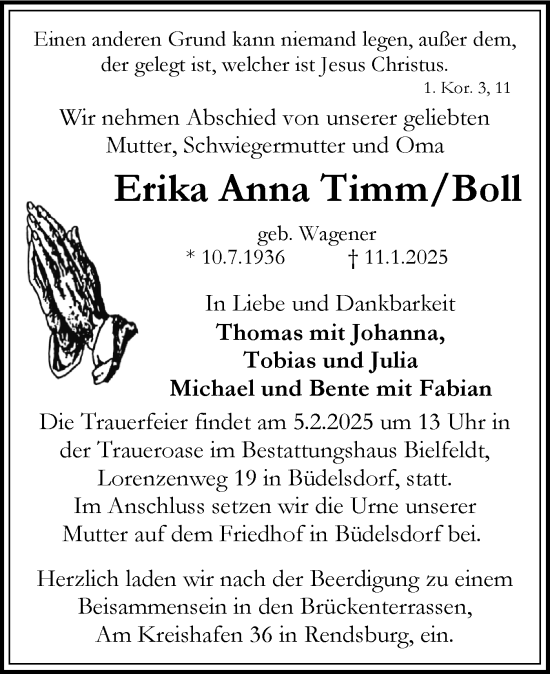 Traueranzeige von Erika Anna Timm Boll von Schleswig-Holsteinische Landeszeitung