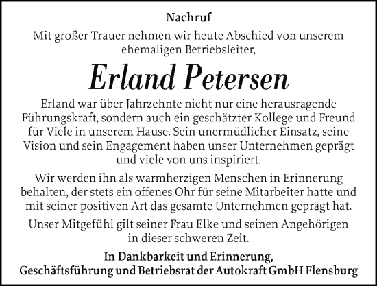 Traueranzeige von Erland Petersen von Flensburger Tageblatt