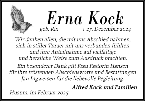 Traueranzeige von Erna Kock von Husumer Nachrichten, Nordfriesland Tageblatt