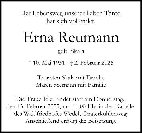 Traueranzeige von Erna Reumann von Wedel-Schulauer Tageblatt, tip Wedel-Schulauer Tageblatt, tip Rissener Rundschau
