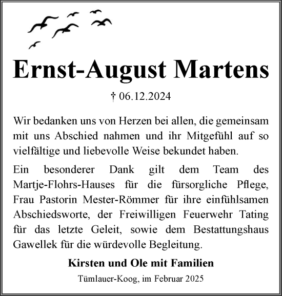Traueranzeige von Ernst-August Martens von Husumer Nachrichten, Nordfriesland Tageblatt