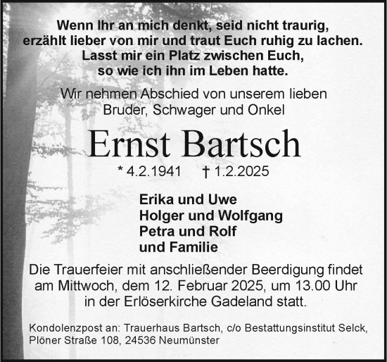 Traueranzeige von Ernst Bartsch von Holsteinischer Courier
