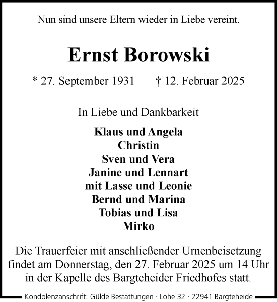 Traueranzeige von Ernst Borowski von MARKT Ahrensburg/Bargteheide/Trittau und Stormarner Tageblatt