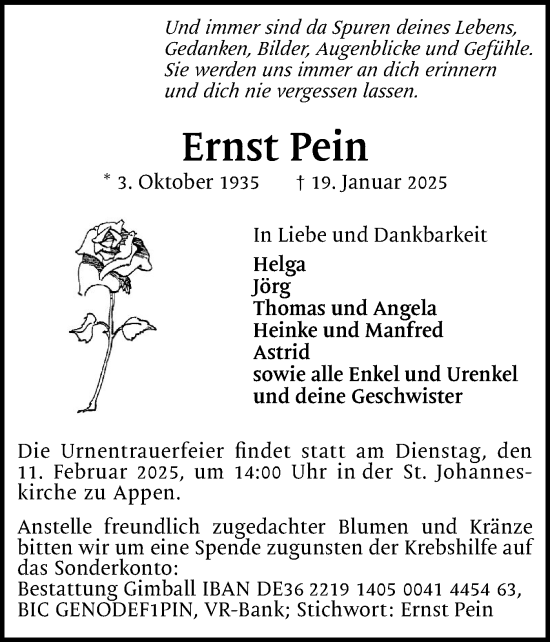 Traueranzeige von Ernst Pein von Region Pinneberg und tip Pinneberg