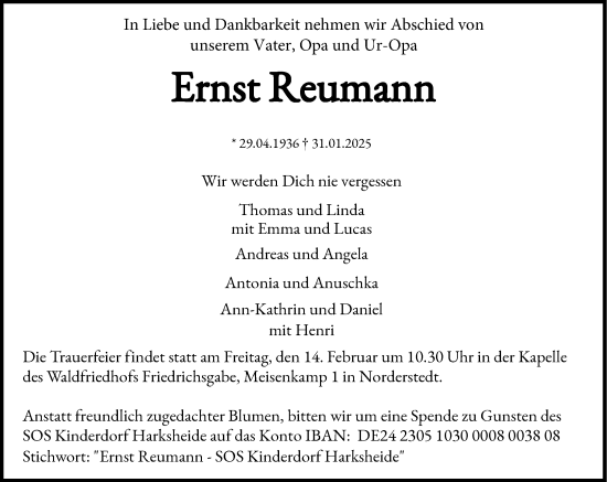 Traueranzeige von Ernst Reumann von Heimatspiegel