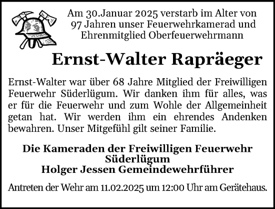 Traueranzeige von Ernst-Walter Rapräeger von Husumer Nachrichten, Nordfriesland Tageblatt