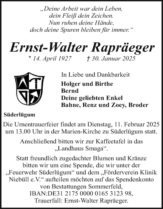 Traueranzeige von Ernst-Walter Rapräeger von Husumer Nachrichten, Nordfriesland Tageblatt