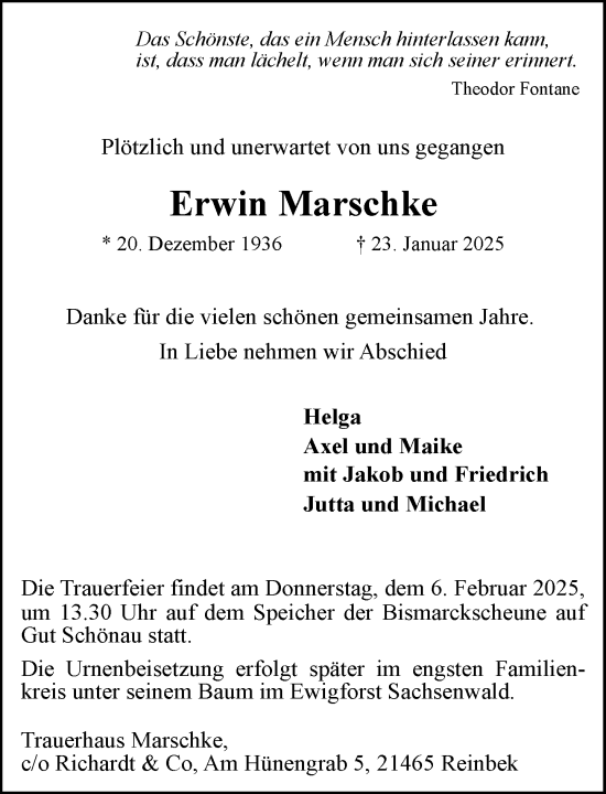 Traueranzeige von Erwin Marschke von MARKT Glinde/Reinfeld