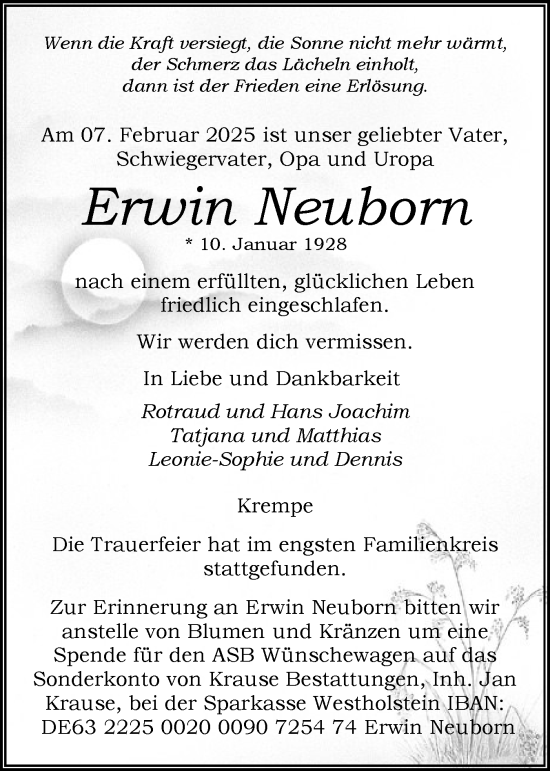 Traueranzeige von Erwin Neuborn von Norddeutsche Rundschau, Wilstersche Zeitung, Glückstädter Fortuna