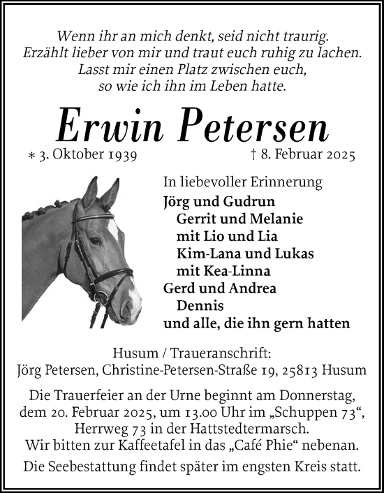 Traueranzeige von Erwin Petersen von Husumer Nachrichten, Nordfriesland Tageblatt
