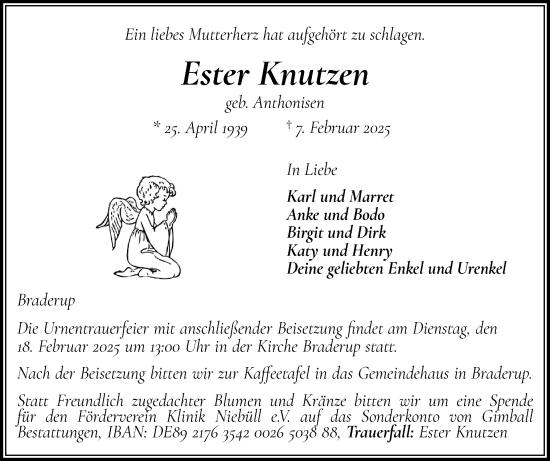 Traueranzeige von Ester Knutzen von Husumer Nachrichten, Nordfriesland Tageblatt