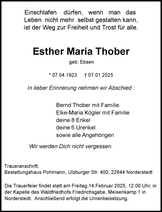 Traueranzeige von Esther Maria Thober von Heimatspiegel