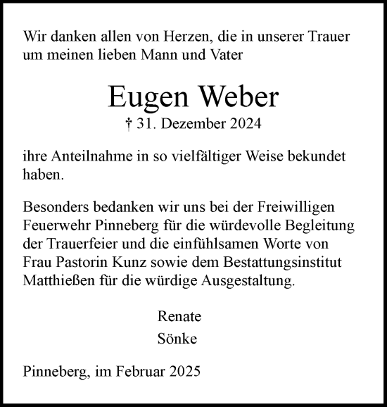 Traueranzeige von Eugen Weber von Region Pinneberg und tip Pinneberg