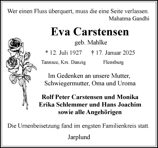 Traueranzeige von Eva Carstensen von Flensburger Tageblatt