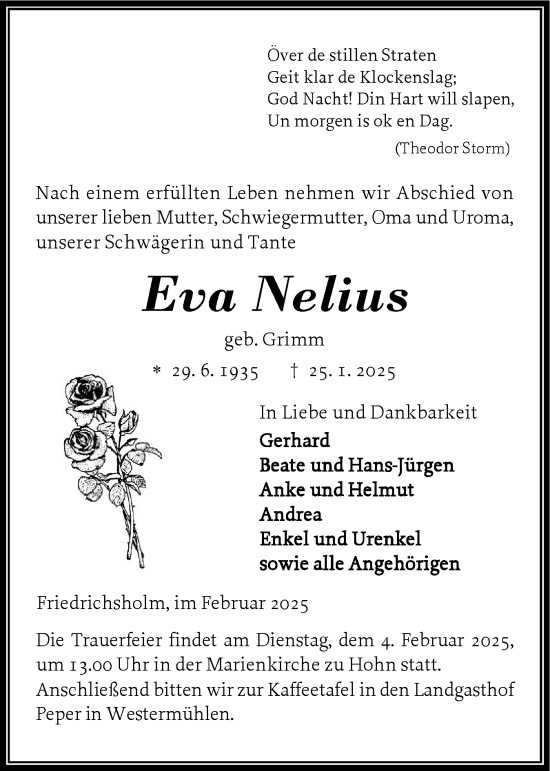 Traueranzeige von Eva Nelius von Schleswig-Holsteinische Landeszeitung