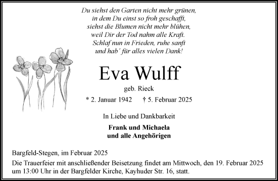 Traueranzeige von Eva Wulff von MARKT Ahrensburg/Bargteheide/Trittau und Stormarner Tageblatt