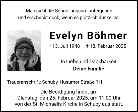 Traueranzeige von Evelyn Böhmer von Schleswiger Nachrichten, Schlei-Bote