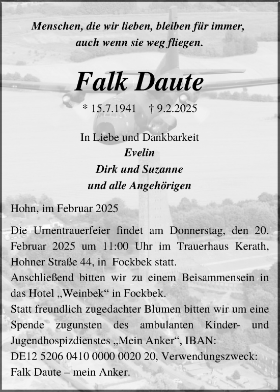 Traueranzeige von Falk Daute von Schleswig-Holsteinische Landeszeitung