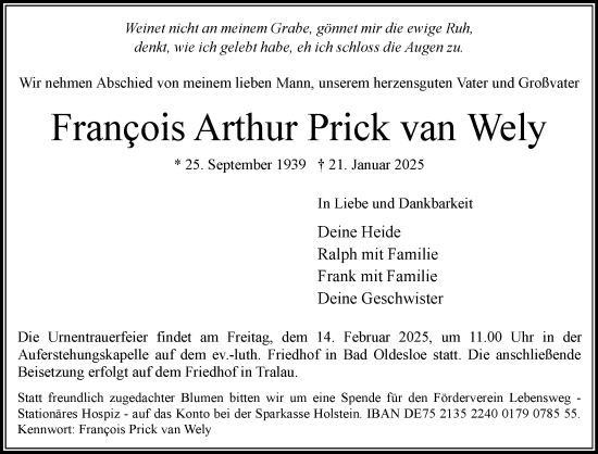 Traueranzeige von Francois Arthur Prick van Wely von MARKT Bad Oldesloe/Reinfeld und Stormarner Tageblatt