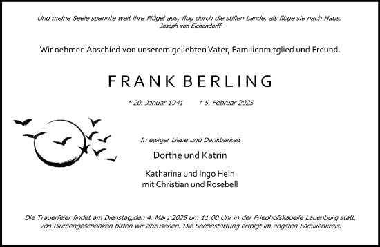 Traueranzeige von Frank Berling von Wochenend Anzeiger