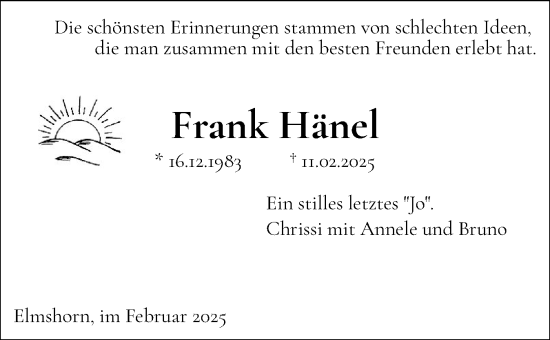 Traueranzeige von Frank Hänel von Elmshorner Nachrichten, Barmstedter Zeitung