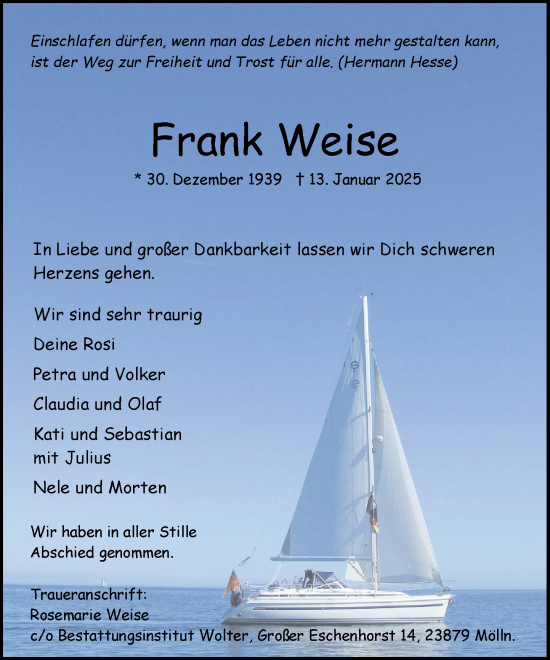 Traueranzeige von Frank Weise von MARKT Ratzeburg/Mölln
