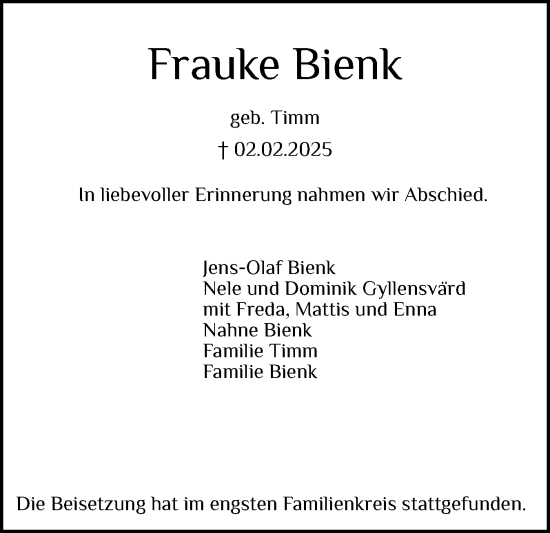 Traueranzeige von Frauke Bienk von Holsteinischer Courier