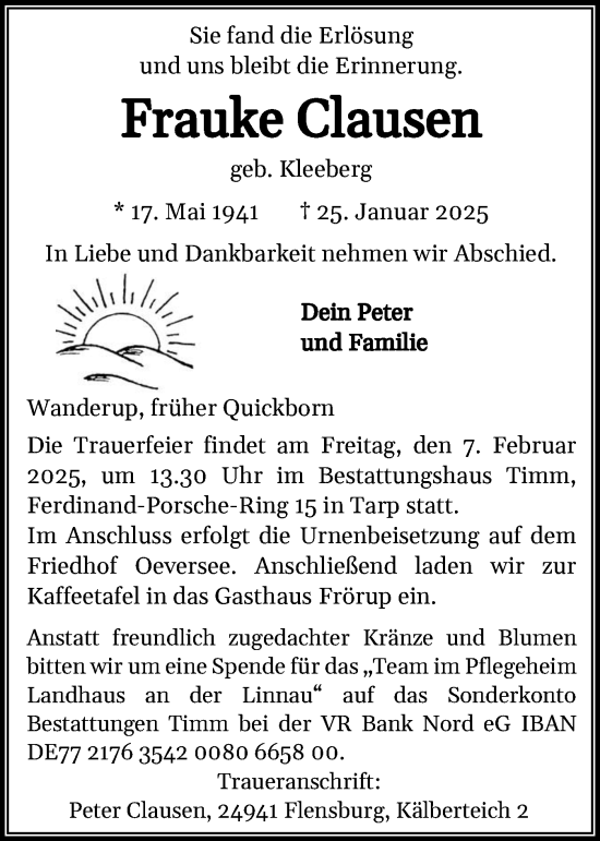 Traueranzeige von Frauke Clausen von Flensburger Tageblatt