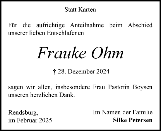 Traueranzeige von Frauke Ohm von Schleswig-Holsteinische Landeszeitung