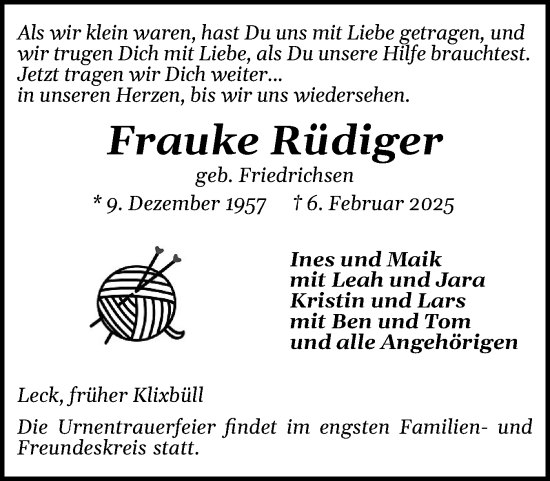 Traueranzeige von Frauke Rüdiger von Husumer Nachrichten, Nordfriesland Tageblatt