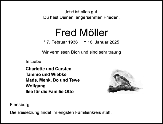 Traueranzeige von Fred Möller von Flensburger Tageblatt