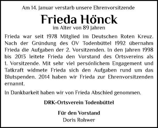 Traueranzeige von Frieda Hönck von Schleswig-Holsteinische Landeszeitung