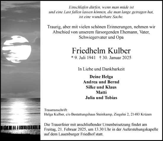 Traueranzeige von Friedhelm Kulber von Wochenend Anzeiger