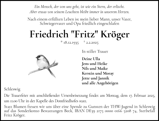 Traueranzeige von Friedrich Kröger von Schleswiger Nachrichten, Schlei-Bote
