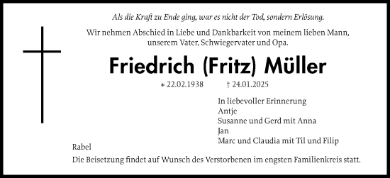 Traueranzeige von Friedrich Müller von Schleswiger Nachrichten, Schlei-Bote