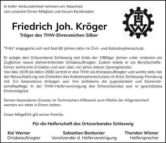 Traueranzeige von Friedrich Joh. Kröger von Schleswiger Nachrichten, Schlei-Bote