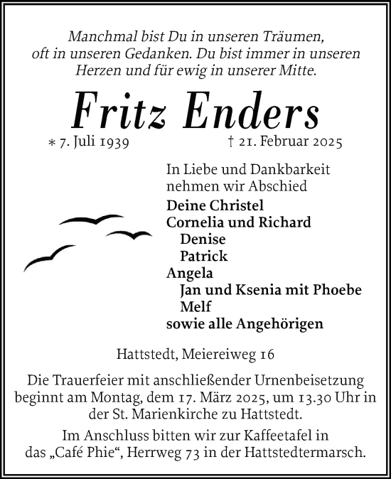 Traueranzeige von Fritz Enders von Husumer Nachrichten, Nordfriesland Tageblatt