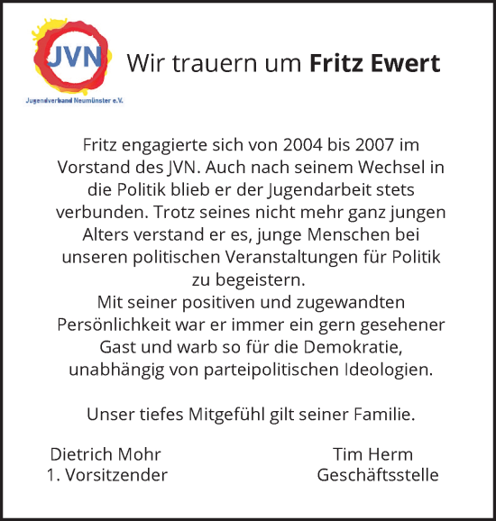 Traueranzeige von Fritz Ewert von Holsteinischer Courier