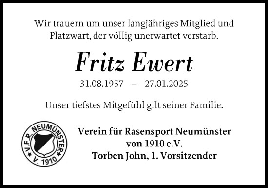 Traueranzeige von Fritz Ewert von Holsteinischer Courier
