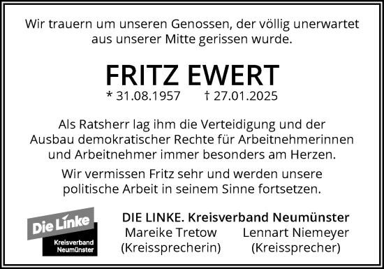 Traueranzeige von Fritz Ewert von Holsteinischer Courier