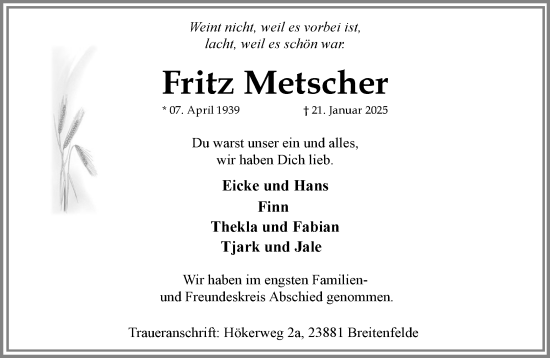 Traueranzeige von Fritz Metscher von MARKT Ratzeburg/Mölln