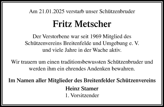 Traueranzeige von Fritz Metscher von MARKT Ratzeburg/Mölln