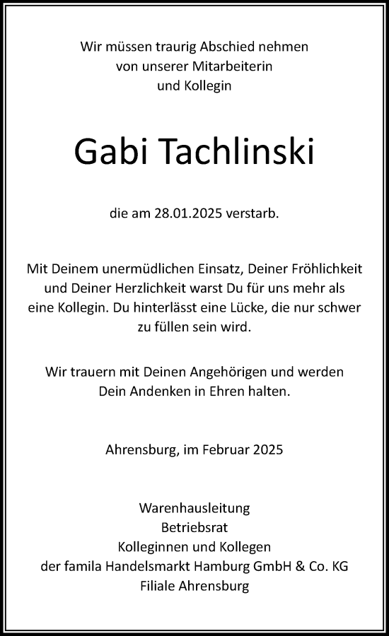Traueranzeige von Gabi Tachlinski von MARKT Ahrensburg/Bargteheide/Trittau und Stormarner Tageblatt