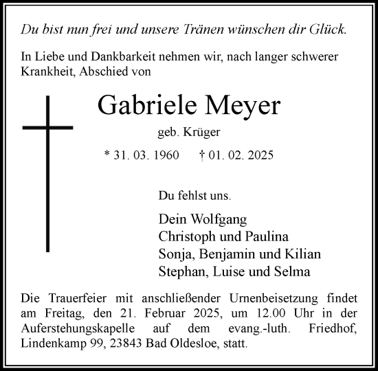 Traueranzeige von Gabriele Meyer von MARKT Bad Oldesloe/Reinfeld und Stormarner Tageblatt